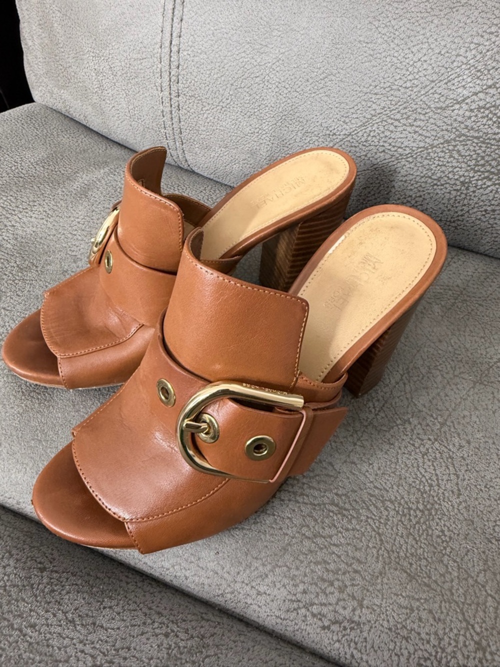 Michael Kors Cognac Leather Block Heel Mule with Gold Buckle